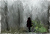 Painting of the back of a girl walking among trees