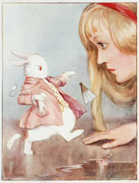 Drawing of a white rabbit with a waistcoat and a girl that is looking at him 