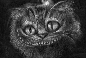 A drawing of a head of a cat with a grinning smile.