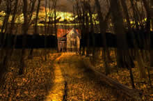 Painting with a road between tall naked trees, leading up to a house