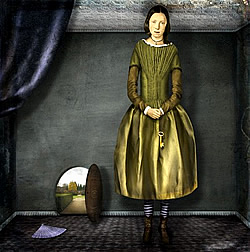 Painting of a tall girl standing in a small room with a small door leading to a garden.