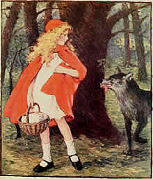 Drawing of a girl with red coat standing under a tree next to a wolf.