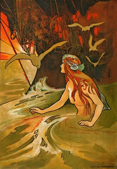 Painting with a girl in the water in front of a sailing ship.
