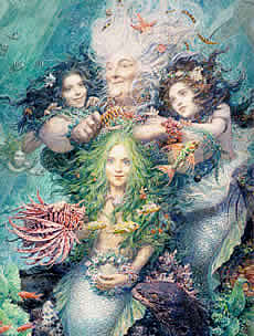 Painting protraying mermaids that are combing eachothers hair.