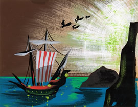 Drawing of a pirate on a calm sea next to high cliffs.