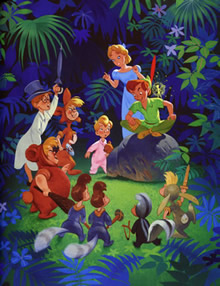 Drawing of Peter Pan surrounded by Wendy, her brothers and the Lost Boys.