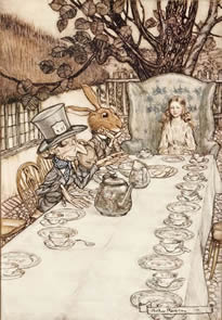Drawing of a girl sitting beside a man with a tal hat and a man with a bunny heat, at a long table with empty tea cups. 