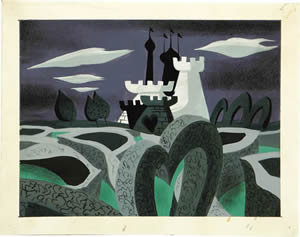 Drawing of an imaginary garden with a hedge maze and chess towers in the background