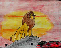 Drawing of a lion standing at the top of a cliff.